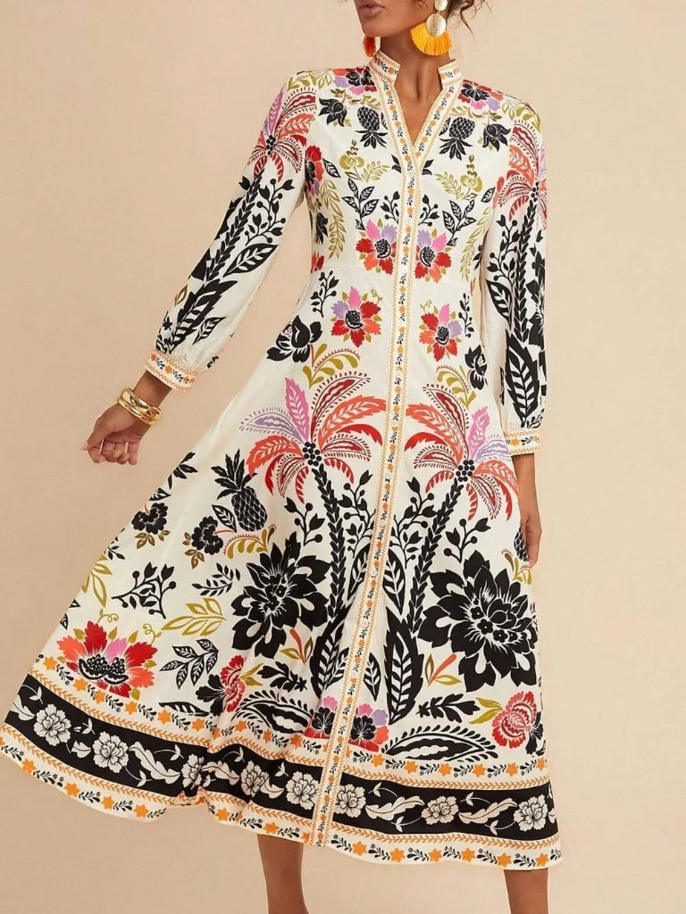 Khaki Boho Women's Palm Tree Print Long Sleeve Button Down Casual Midi Dress - Picture 5 of 6